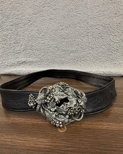 Vintage Fahrenheit Black Leather Belt Large Jewel Buckle Rich Auntie Grape Vine