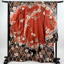 JAPANESE KIMONO FURISODE VERMILION 167cm 5 ft 6 in PURE SILK FF11898