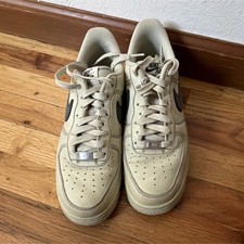 Nike Air Force 1 Low Top Beige/Black Sneakers Black Swoosh Lace-Up Leather