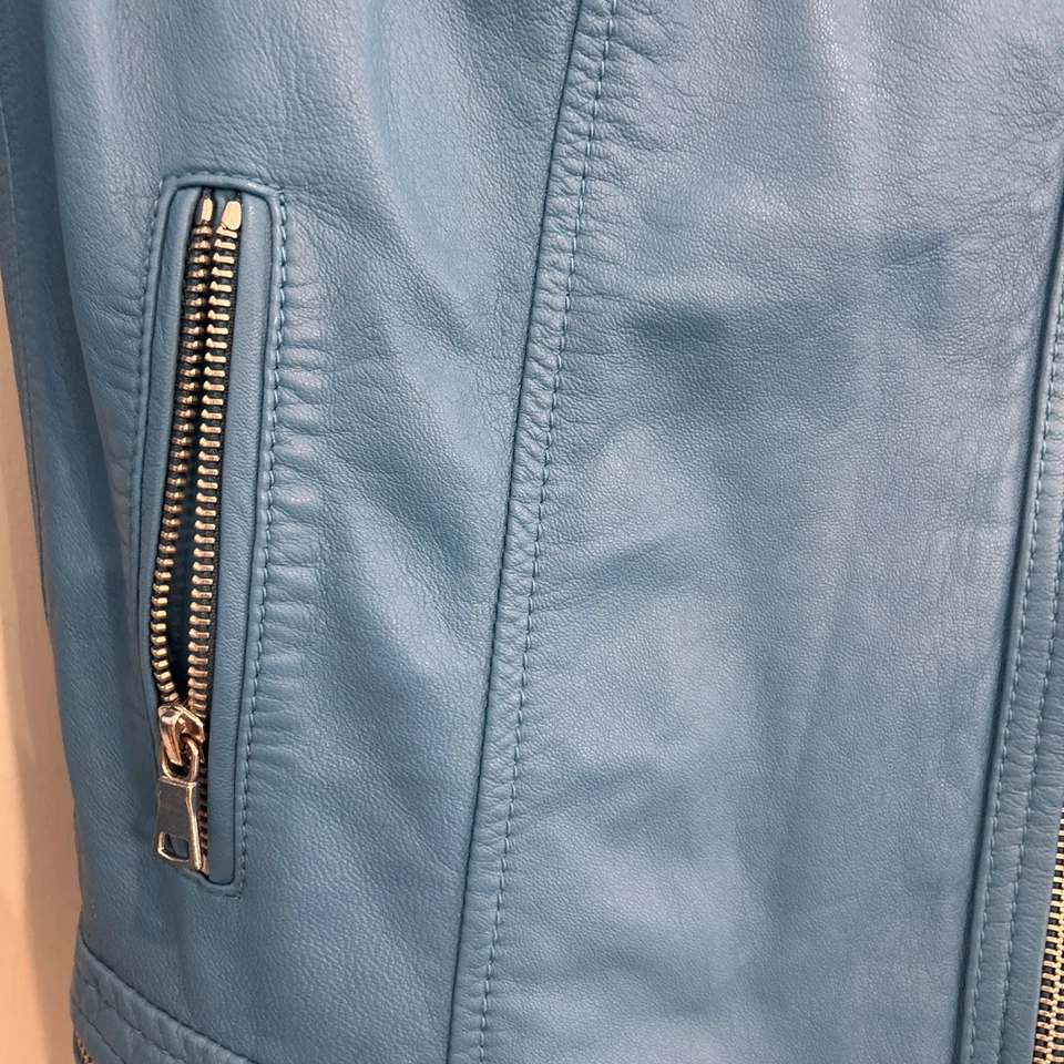 Chaqueta de moto de lujo de diseñador de cuero de cordero Rebecca Taylor en azul ¿talla pequeña? Foto 3 de 4