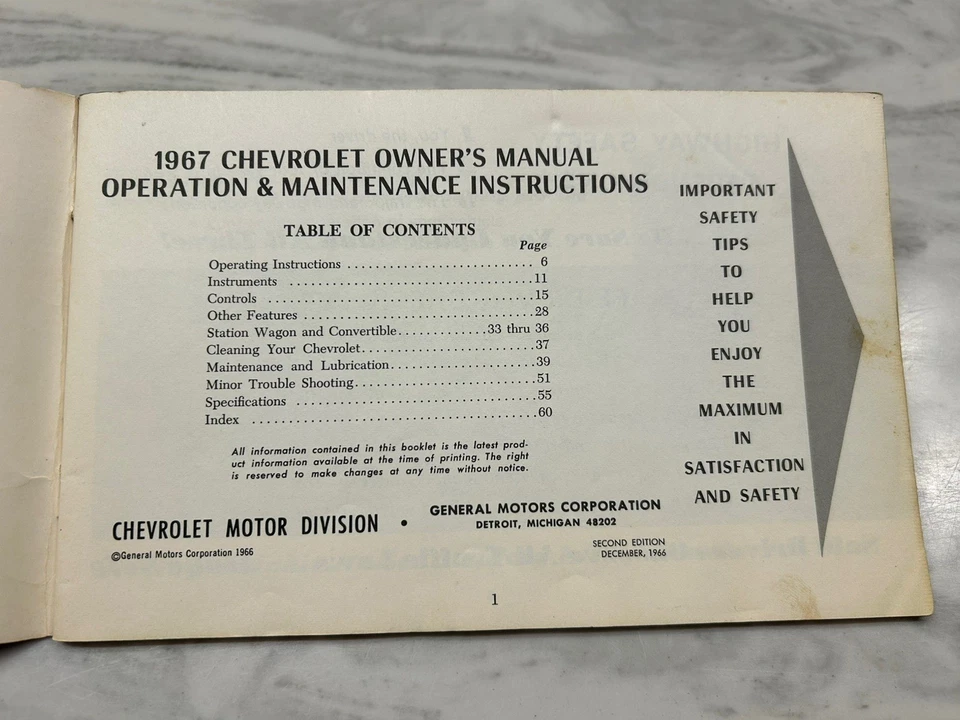 Chevrolet 1967 manual del propietario Caprice Impala Bel Air original segunda edición Foto 3 de 3