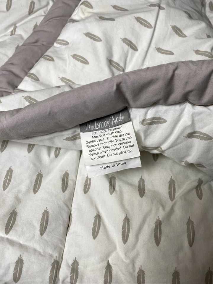 The Land of Nod Reversible Baby Blanket White Gray Feathers Soft Crib Comforter - Image 4 of 4