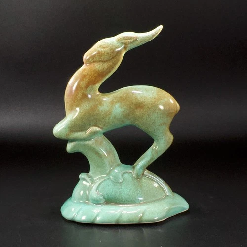 Art Deco Gazelle Leaping MCM California Art Pottery Statue Green Speckled Glaze