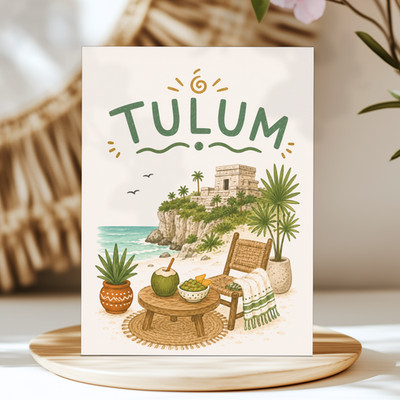 Tulum Watercolor Print, Boho Beach Mexico Travel Typography Wall Art