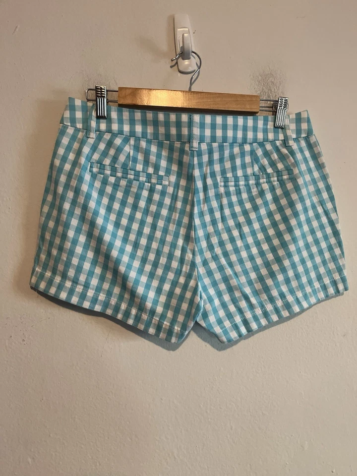 J. Pantalones cortos chinos Crew Factory para mujer talla 6 azul y blanco a cuadros guinga 100 % algodón Foto 4 de 4