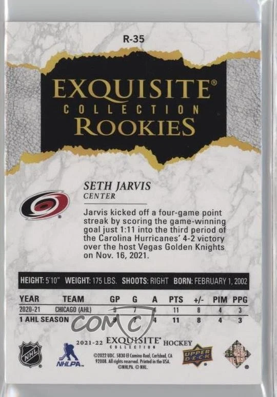 2021-22 Upper Deck Ice Exquisite Collection Rookies /299 Seth Jarvis #R-35 RC - Image 2 of 2