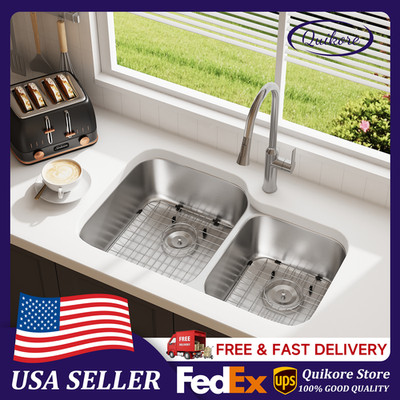 Quikore 32 Inch 60/40 Double Bowl Stainless Steel Kitchen Sink with Bottom Grid