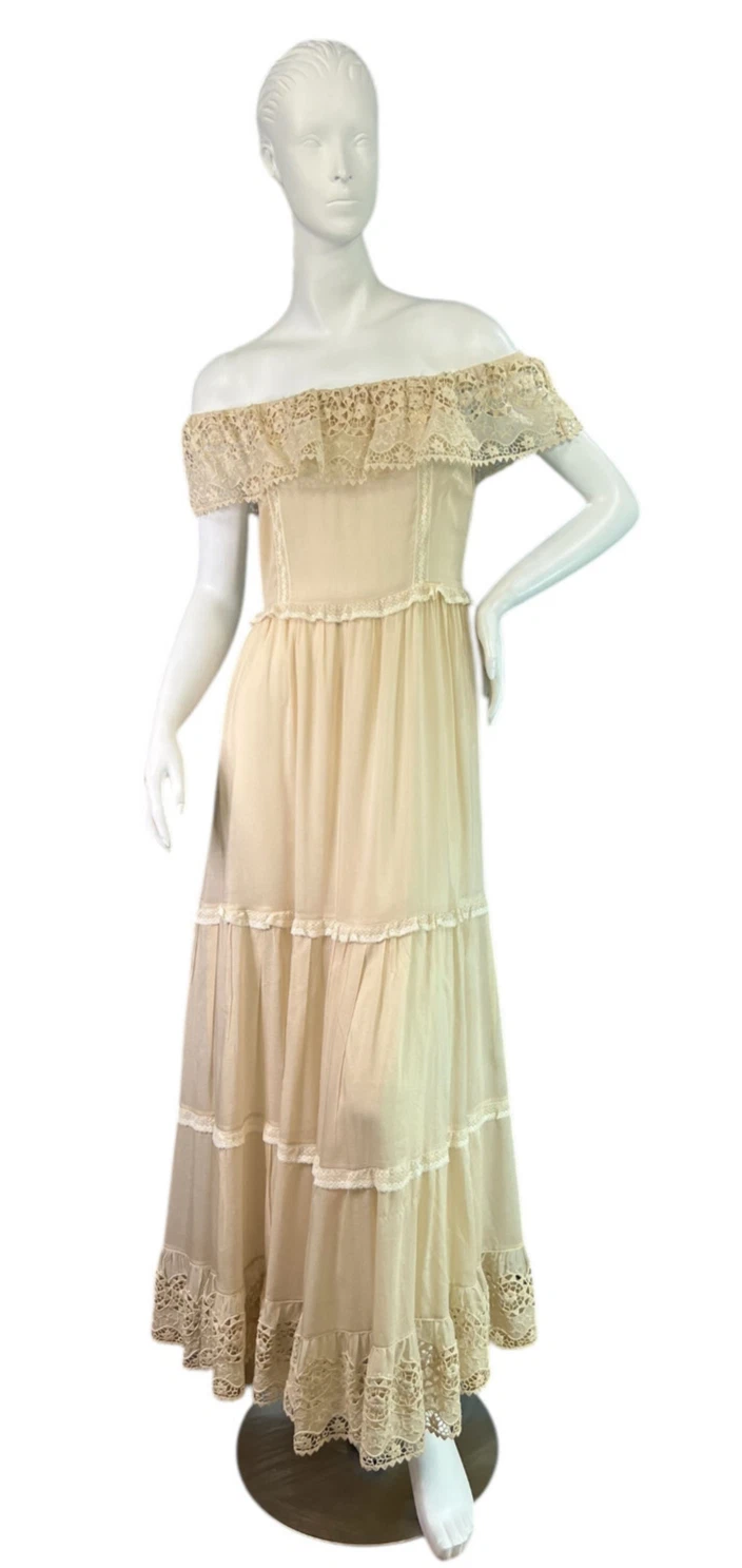 Valentino — RED VALENTINO Garavani Ecru Silk Cotton Lace Maxi Dress Off Shoulder Size 4