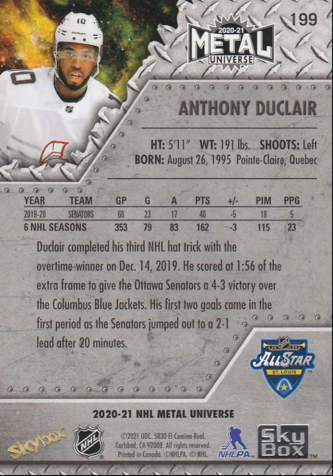 2020-21 Skybox Metal Universe Hockey Anthony Duclair SP All-Stars #199 - Image 2 of 2
