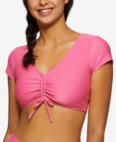 $20 Hula Honey ROSE Juniors Cropped Tie-Front Ribbed Swim Top Pink Size XS - Picture 2 of 2