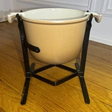 Vintage Le Creuset Enzo Mari Cast Iron Matte Brown Fondue Pot and Stand