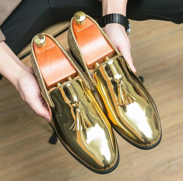 Mens Pointed Toe Sequined tassel Gold Loafers Slip On Brogue