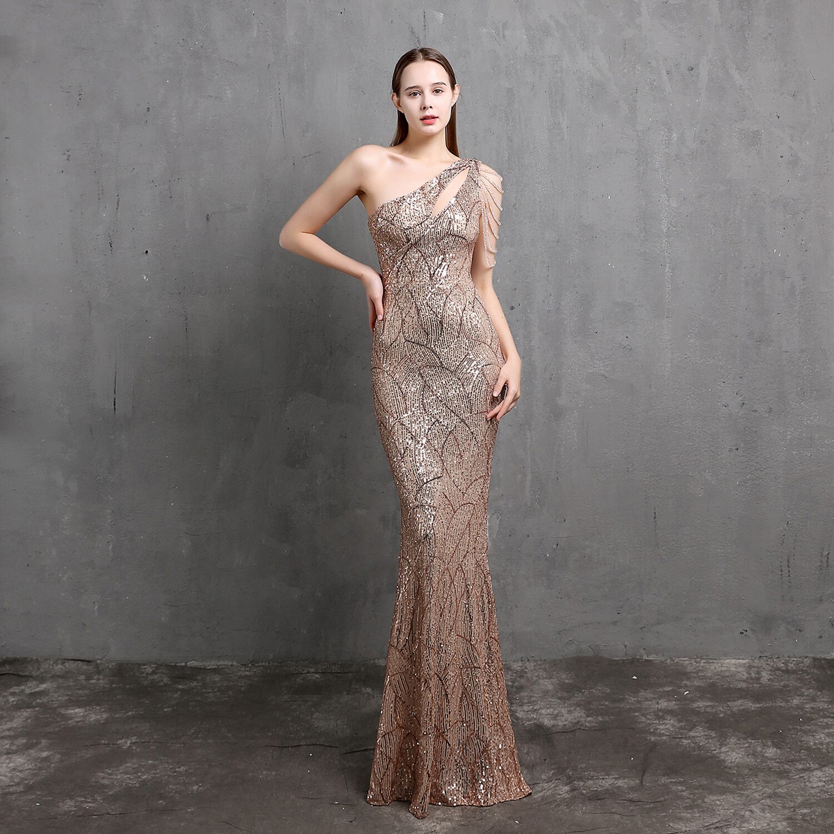 open lace back dress Sequined Prom Dress Mermaid V-Neck Sweep Train With Pleated