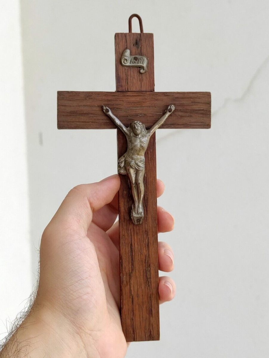 Oak Wood Crucifix Jesus On Cross INRI Metal Figure Simple 11" Made In Germany - Foto 12