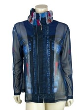 Damee Inc Abstract Print Denim Mesh Jacket Size M Wire Stand Collar Zip Up Blue