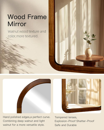 Arched Mirror 22 X 30 Inch,Brown Wood Rustic Bathroom Tempered Wall Mirror with - Picture 5 of 6
