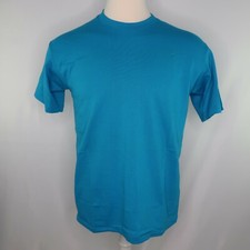 VTG 80s Hanes Blank Solid Blue Teal Single Stitch Polycotton Mens L Made in USA