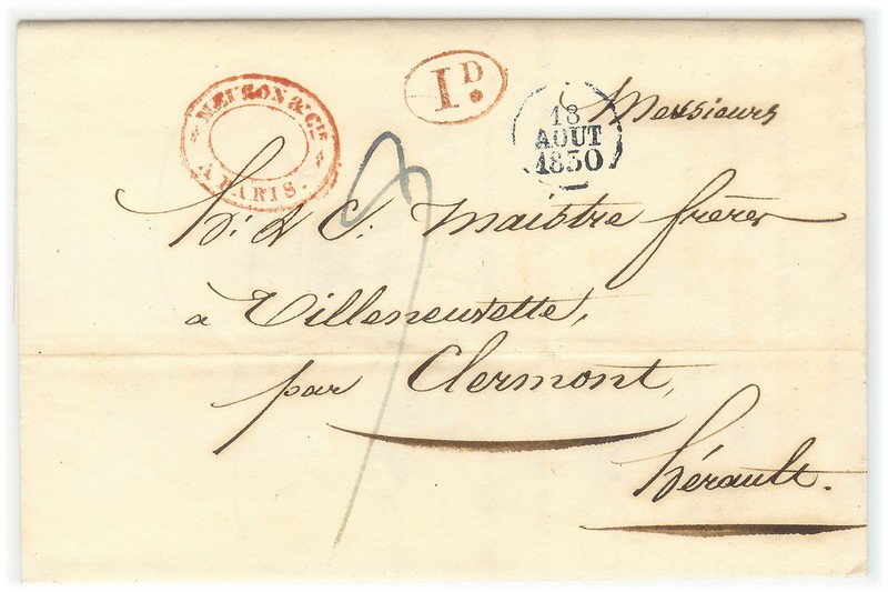 France stampless cover 1830 Paris to Villeneuvette - Fresh * cover399