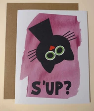 S'up? Upside Down Black Cat Greeting Card, 4.25" x 5.5", A2 Size, Blank Inside