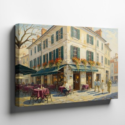 Charming European Street Cafe Scene Canvas Wall Art Vintage Cityscape Print