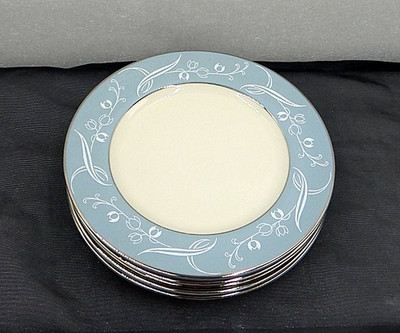 5 VTG Flintridge Snow Tulip Strata Blue, Platinum Trim Bread & Butter Plates