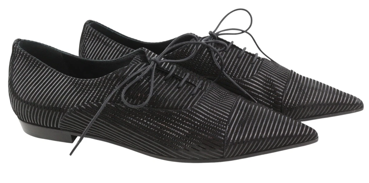 EMPORIO ARMANI Women Shoes EU37 Black Shiny Stripe Pointed Lace Up DDP