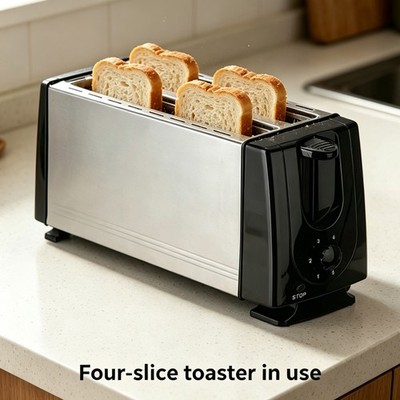 4-Slice Toaster Langschlitz Edelstahl 1300W 6 Röststufen Stop-Taste Frühstück