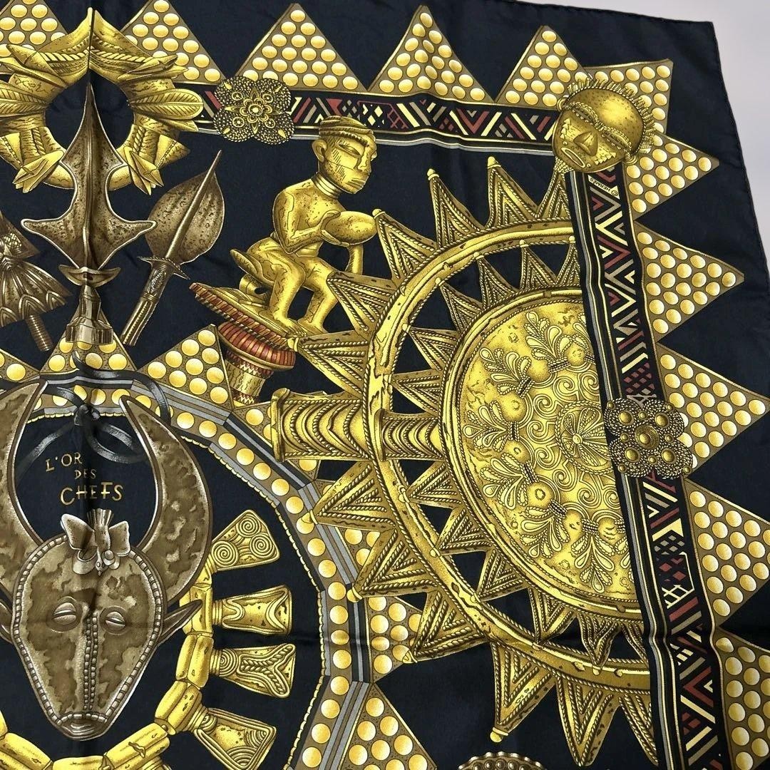 HERMES L'OR DES CHEFS 90 Silk Scarf Black Gold Used - Gem