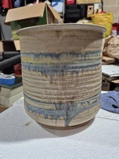 Vtg Hand Thrown Pottery Crock Vase Tan Gray Blue Glaze Fired Maker's Mark 8"x8"