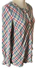 Vtg Blair Holiday Tartan Plaid Blouse Sz M Elastic Wrist Ruffles Soft Cozy Warm
