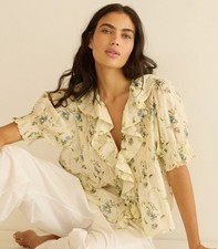Doen Henri Sunshine Prairie Rose Floral Printed Yellow Cotton Blouse Tunic Top M