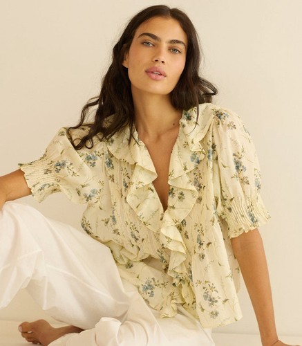 Doen Henri Sunshine Prairie Rose Floral Printed Yellow Cotton Blouse Tunic Top M