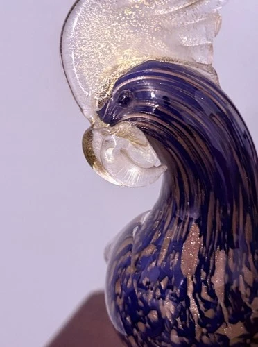 Murano Glass Bird Signed Blue w/ Gold Accents 12" Tall Gambaro & Pogggi Damaged
