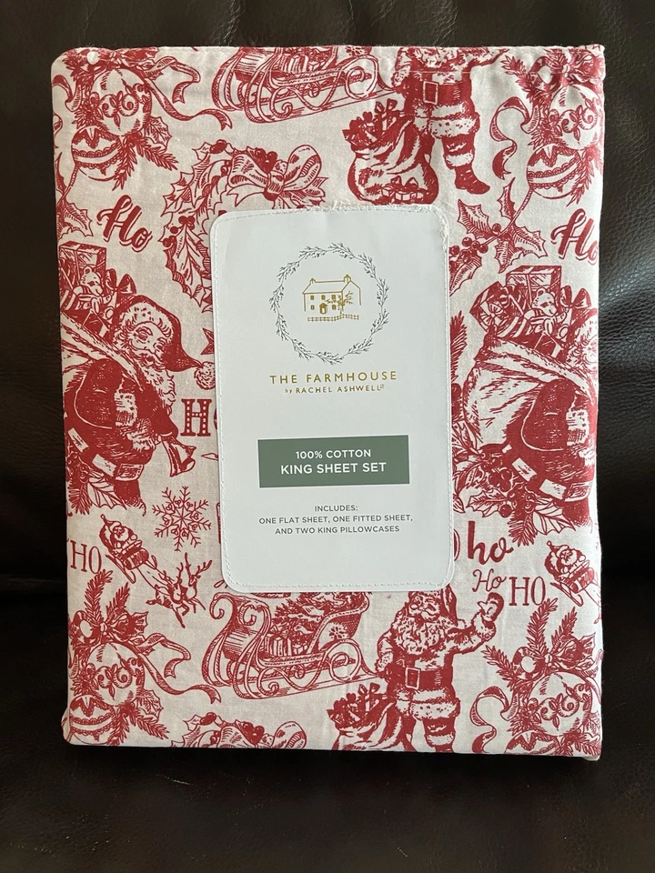 HoHoHo Santa Cotton Christmas 4 Piece King Size Sheet Set The Farmhouse New 2025 - Image 3 of 4