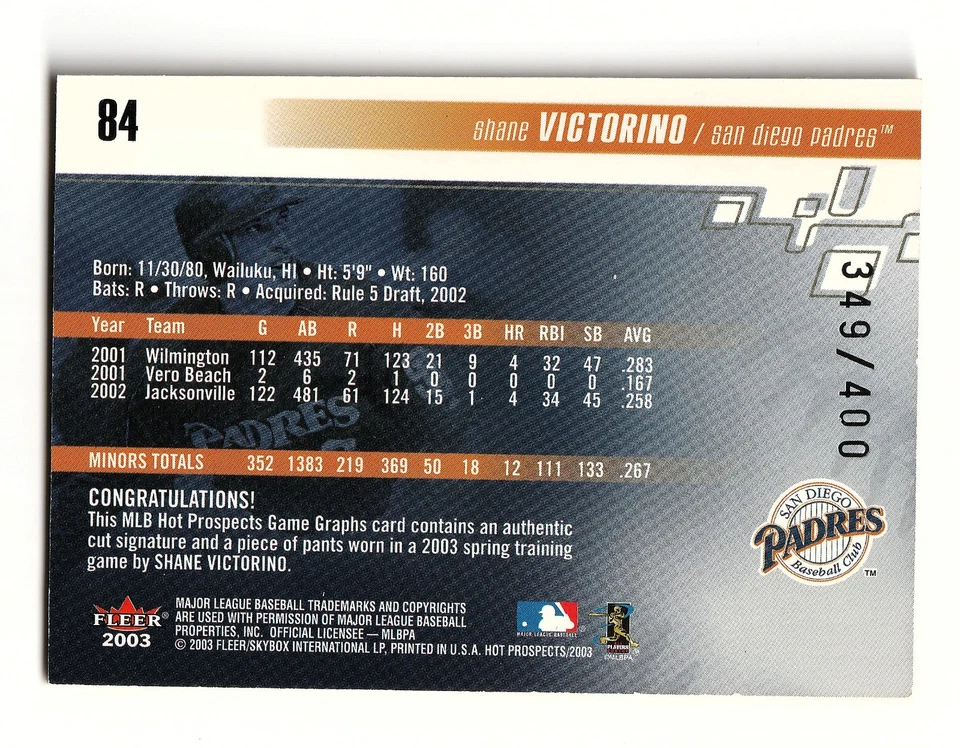 SHANE VICTORINO 2003 Fleer Hot Prospects Rookie Card Autograph & Game Worn /400 - Image 2 of 4