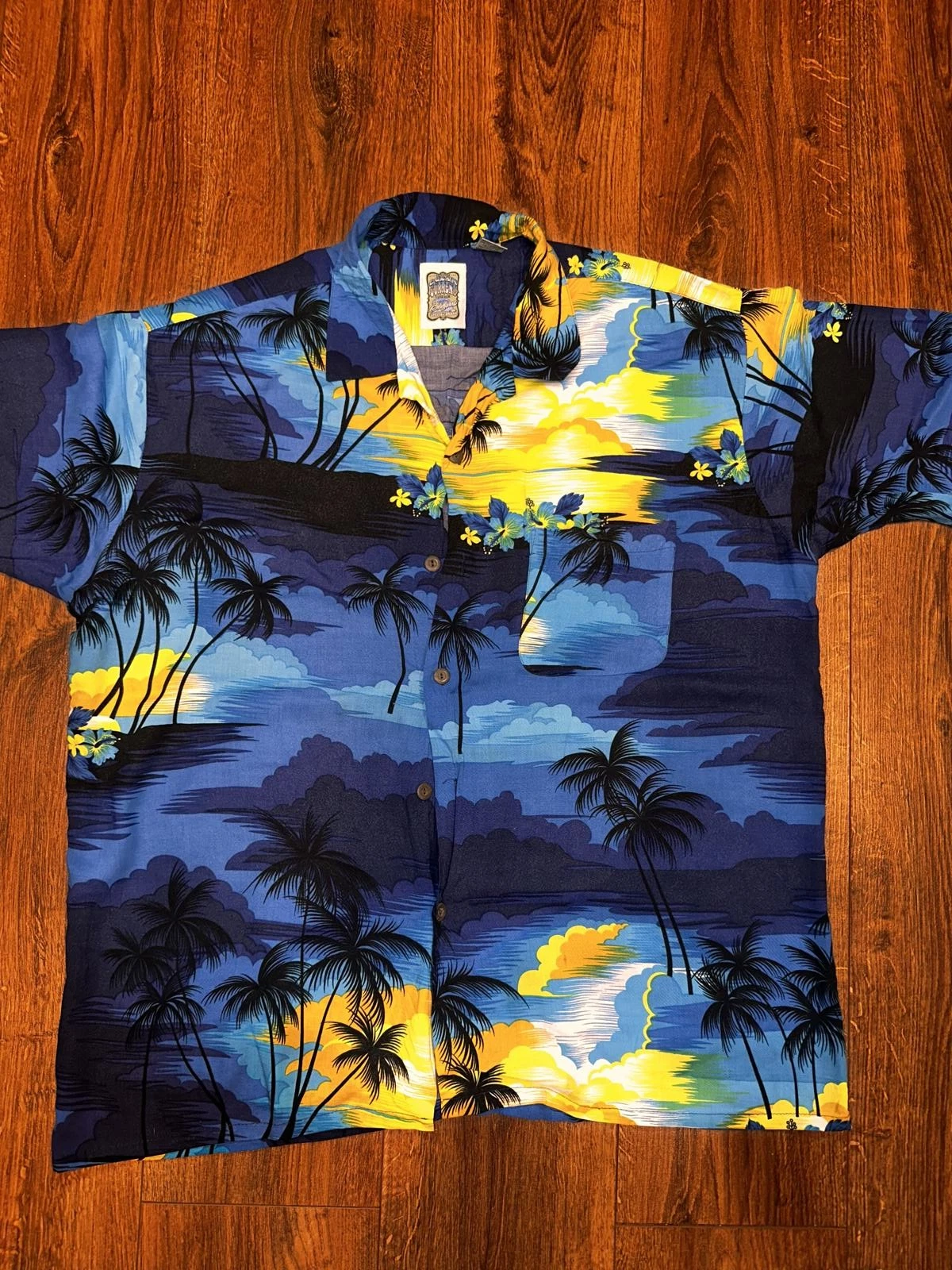 Vintage Ocean Current Hawaiian Shirt Blue Sunset Palm Tree Rayon XL