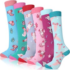 Fourluoo 6 Pairs Kids Girls Socks Cute Axolotl 6-10 Years, Light Color