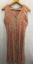 VTG Dress Size M RN 94685 Tan Red Swirl Design Sleeveless 100% Rayon Button