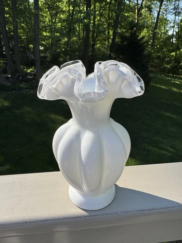 Fenton Milk Glass Silver Crest Ribbed Vase 6”