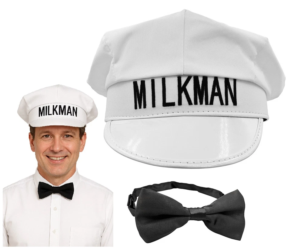 NICKY BIGS NOVELTIES White Milkman Milk Man Hat and Black Bowtie Set Adjustable Halloween Accessory