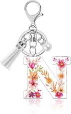 Flower Letters Key Chain Women Alphabet "N" Initial Simulated Pearls Tassel