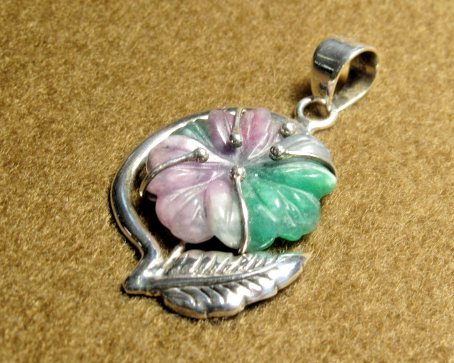 Vintage Sterling Silver 925 Carved Green & Lavender Jadeite-Style Flower Pendant
