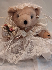 Vintage Teddy Bear Bride Plush Wedding Lace Veil Train Pearls Flowers