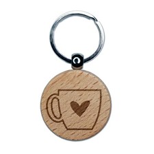 Coffee Love Mug Cup Outline Engraved Wood Round Keychain Tag Charm