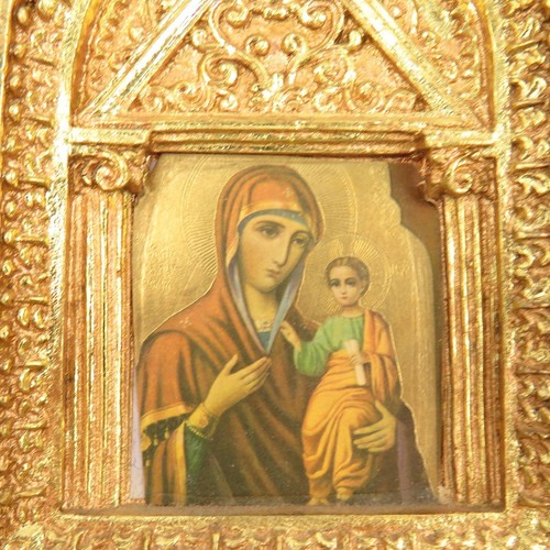 Vintage Tree Ornament Mother Mary & Baby Jesus Icon Arched Gold Foil Byzantine - Picture 3 of 5