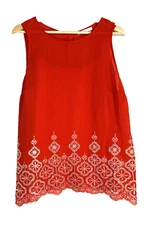 Womens Top XL Embroidered Sleeveless Boxy Scalloped Linen Look Breezy Lagenlook