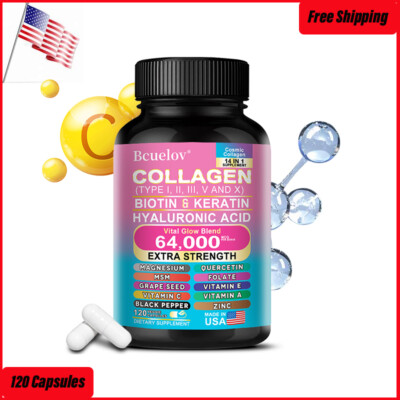 Collagen Peptides Types I,II, III, V, X 64,000mcg Pills Anti-Aging Skin Capsules