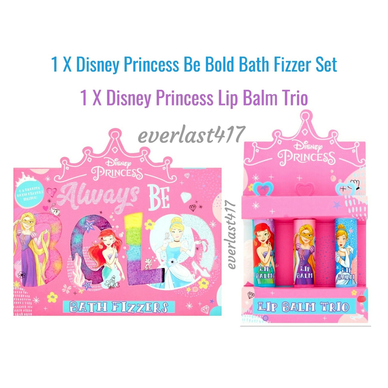 Disney Princess Be Bold Bath Fizzer Set& Disney Princess Lip Balm Trio 1 of Each