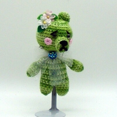 Teddy Bear, 4.5''Tall, Green, Flowers at Ear, Tulle Ribbon, Pink Cheeks