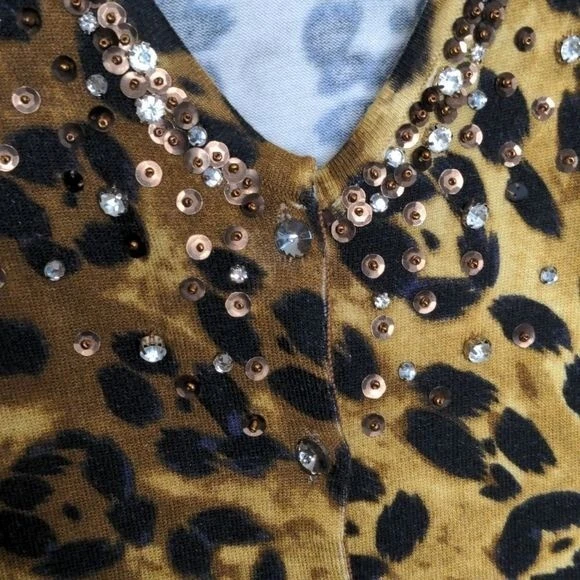 Boston Proper Sweater Womens XXS Tan Embellished Leopard Print Cardigan - Image 3 of 4
